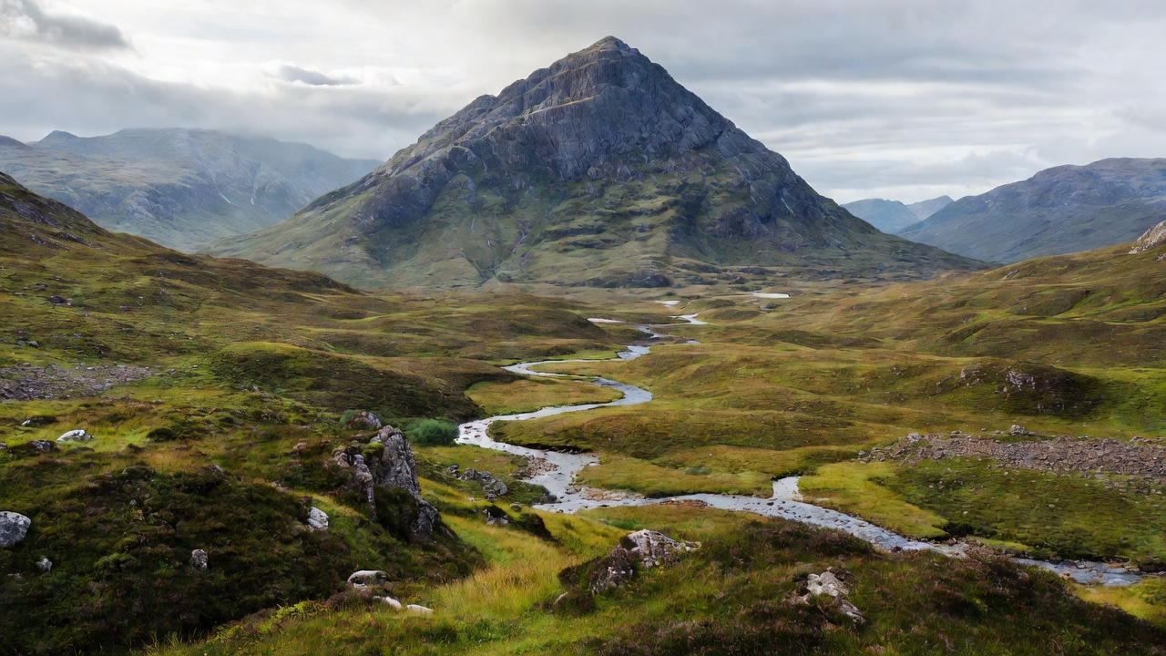 A triangular Scottish mountain framed above a winding valley and textured foreground