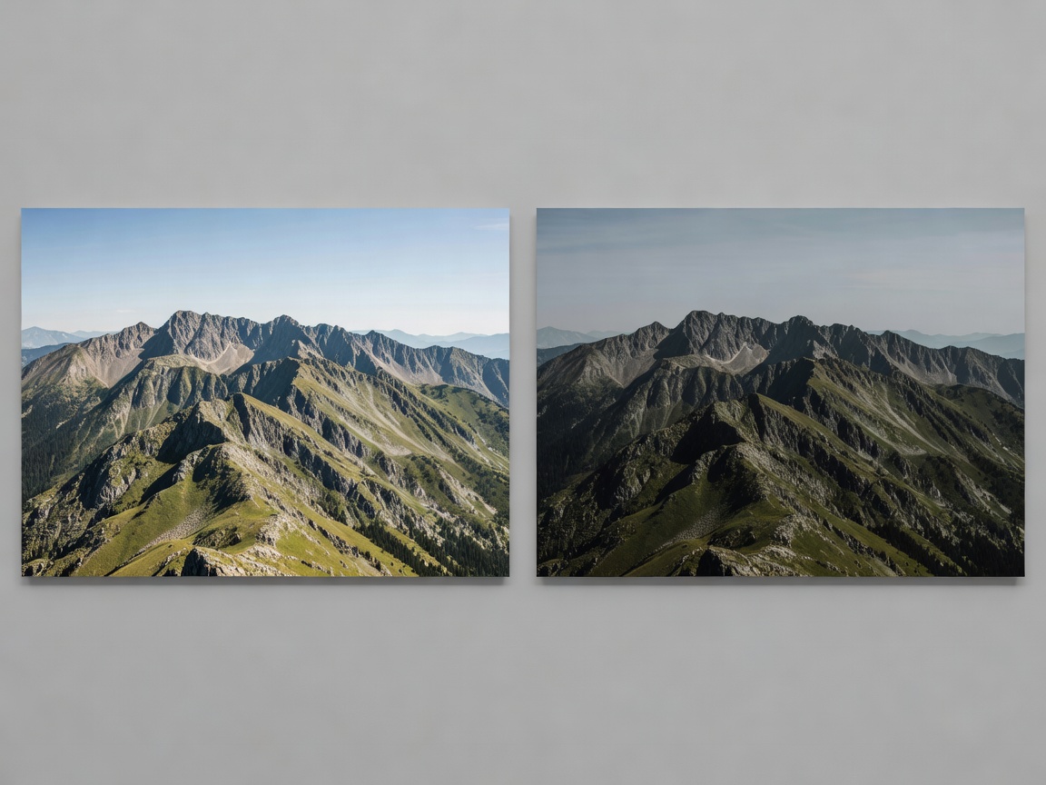 Mountain ridge teaching photograph displayed with darker, reduced-saturation styling